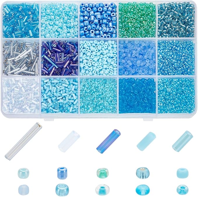 PH PandaHall 14 Colors 5944pcs Blue Series Seed Beads Kit 2~4mm 4052pcs Round Glass Beads 3~12x1.8~2mm 1892pcs Bugle Beads Tube Spacer Beads Loose Beads for Bracelet Necklace Jewelry Making
