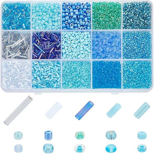 PH PandaHall 14 Colors 5944pcs Blue Series Seed Beads Kit 2~4mm 4052pcs Round Glass Beads 3~12x1.8~2mm 1892pcs Bugle Beads Tube Spacer Beads Loose Beads for Bracelet Necklace Jewelry Making