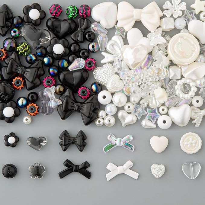 LAIDANLA Black and White Assorted Acrylic Beads for Bracelets Jewelry Making, Aesthetic Random Mix Cute Beads Flower Star Heart Bow Butterfly Bear Candy Beads for DIY Necklace Keychain 160g