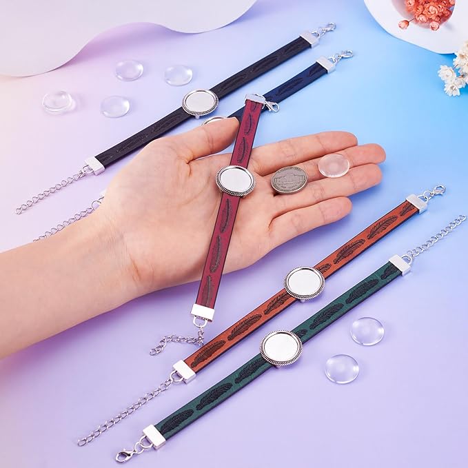 FASHEWELRY 5Pcs PU Leather Cord Bracelet with Glass Cabochons for Jewelry Making - 23mm Round, Adjustable, Feather Print Blank Tray Bracelet Band Settings (5 Colors)