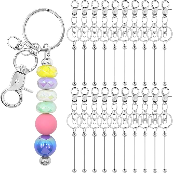 100 Pcs Beadable Keychains Bulk Kit – DIY Keychain Making Supplies with Metal Blanks for Crafts, Jewelry, Charms, Custom Projects – Blank Chain Bars for Beaded Keychain Design (Silver)