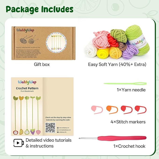 WaldyWop Crochet Kit for Beginners: 5 PCS Fruit Bookmarks Crochet Kits w/ 40% Extra Yarn, Accessories - Easy Video Tutorials & Instructions for Starter Adults - DIY Christmas Gift Set for Her Women