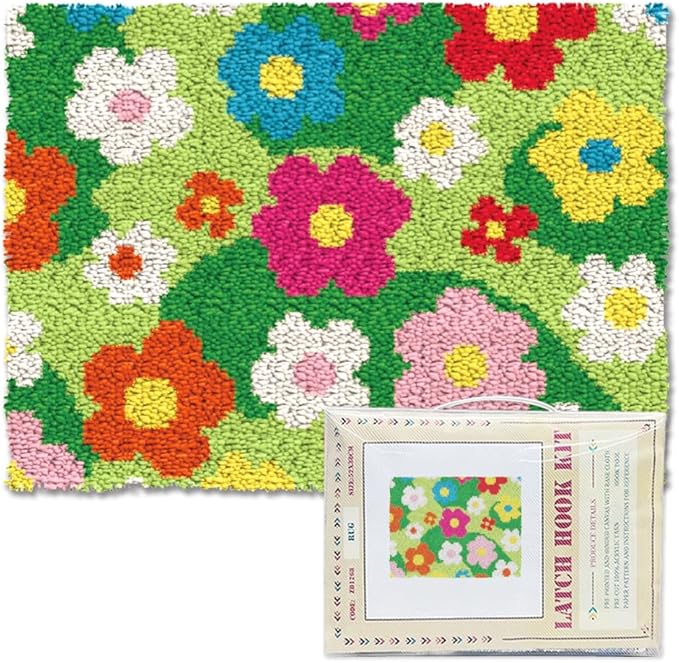 ORIGACH Grassland & Flowers Latch Hook Rug Kit for Adults Printed Rug Making Kit Handmade Carpet Tapestry Cover with Hook Latch and Preprinted Canvas, Home Arts Crafts Sofa Decor, 20.5x15inch