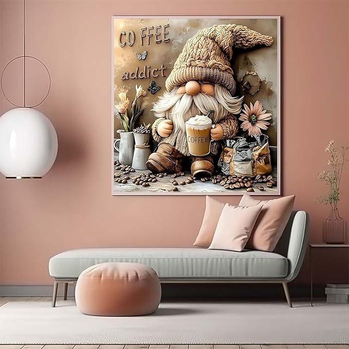 CZYWJMEI 5D Diamond Painting Kits for Adults Beginners,DIY Gnome 5D Coffee Diamond Art,Full Round Drill Diamond Dot Gem Art Kits,Home Wall Decor 13.7x13.7 Inch