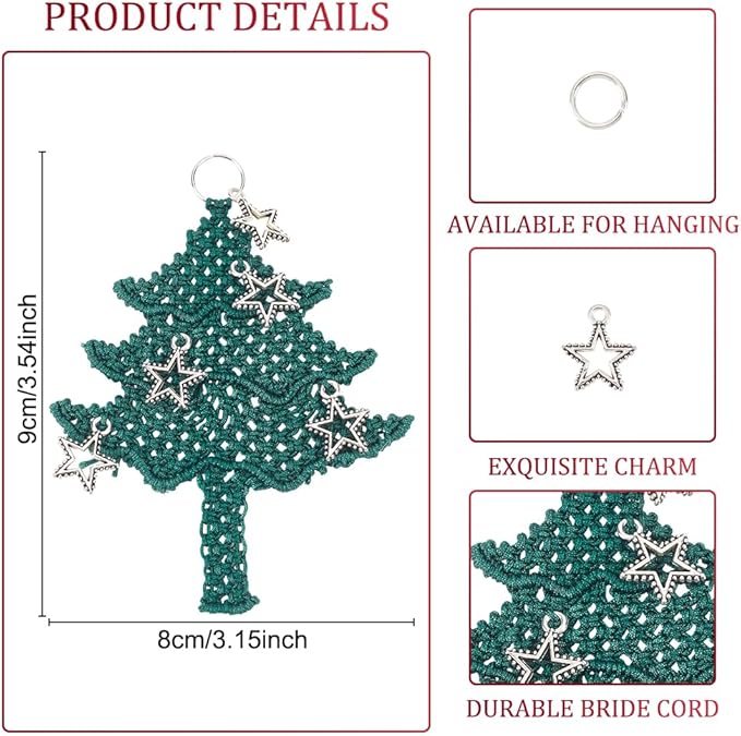 FREEBLOSS 9 Set Macrame Christmas Tree with Pentagram Boho Decor Hanging Ornament Nylon Christmas Tree Ornaments Macrame Kit for Beginners