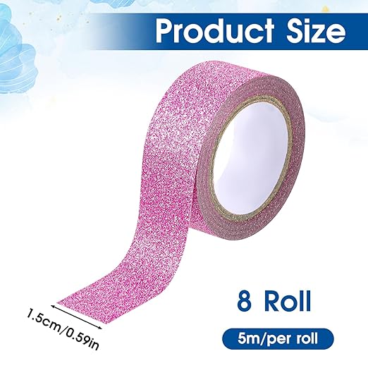Pink Glitter Washi Tape, 8 Rolls Crafting Tape Pink Painters Adhesive Tape Glitter Tape for Crafts Glitter Border Masking Tape for Festival Decoration Scrapbooking Holiday Gift Wrapping 0.6 Inch
