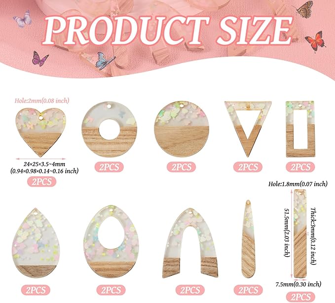 Beadthoven 20pcs/10 Pairs Resin Wood Charms DIY Earrings Pendants Pastel Color Sequin Resin Charms Mix Shape Wood Pieces for Statement Earrings Jewelry Making Necklace Ornaments DIY Supplies