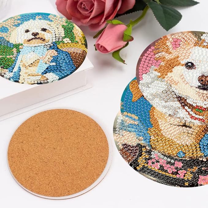 igoodom 8 Pcs Diamond Art Coasters Kit with Holder, DIY Funny Dog Diamond Painting Coasters for Beginners Adults, Non Slip Diamond Art Kits Craft Supplies 4x4inch