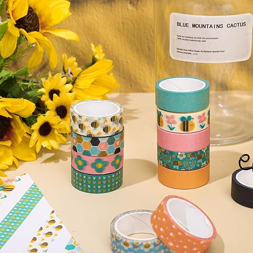 12 Rolls Boho Bee Washi Tape Back to School Honeycomb Heart Rainbow Flower Decorative Masking Tapes Set Cute Colorful Wrapping Paper Tape for Scrapbook Journal DIY Art Crafts