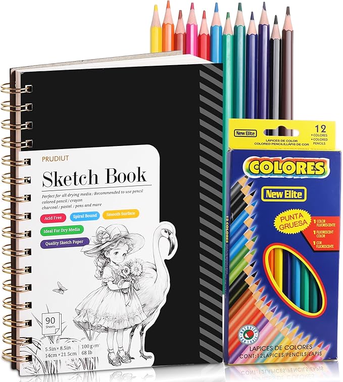 Sketch Book with 12 Color Pencil Set, 90 Sheets Spiral Sketchbook for Drawing (68lb/100gsm), Acid-Free Sketch Pad for Artist, Art Paper Drawing Supplies for Easter Gifts (5.5×8.5 inch)