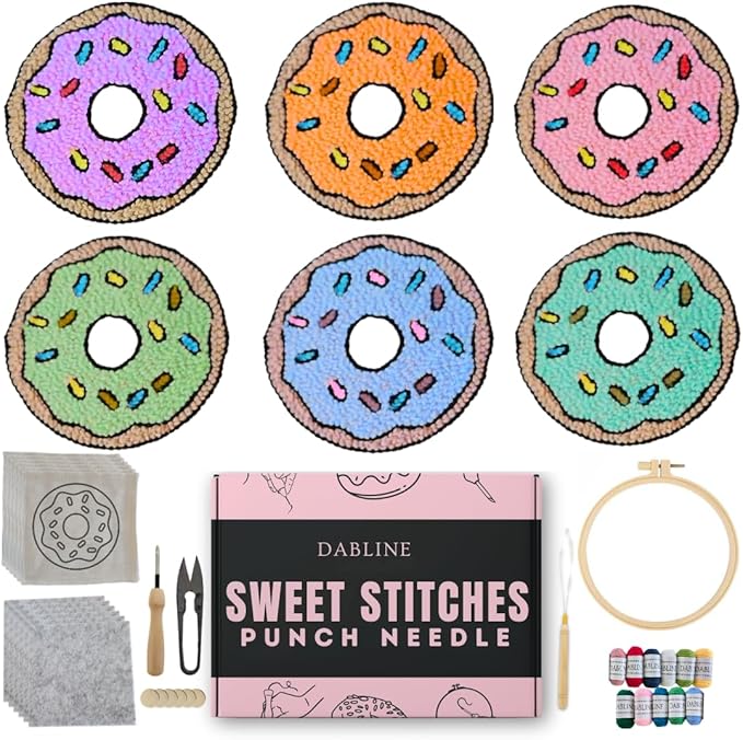 Dabline Punch Needle Kit for Beginners – 6 Pattern Punch Needle Coaster Set with Hoop, Needle, Threader, Yarn & Backing Fabric for Adults and Kids DIY Craft