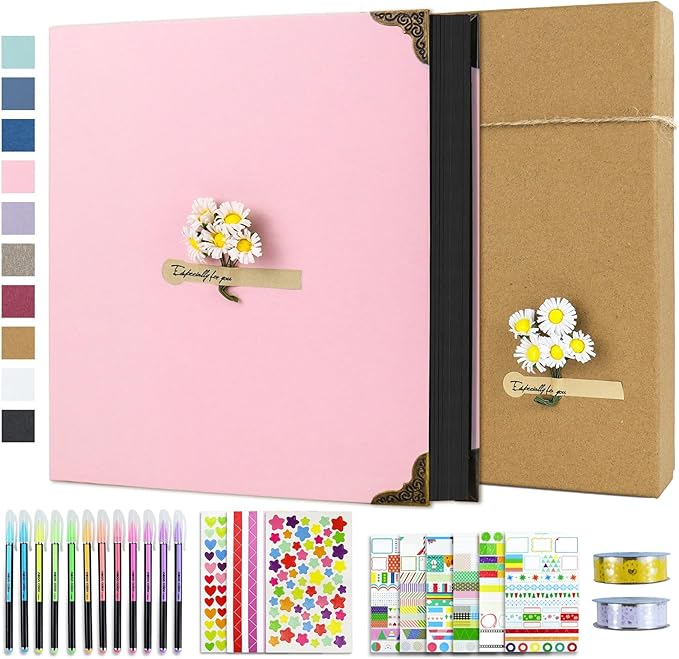 Vienrose DIY Scrapbook Photo Album Kit with Pens Tapes and Stickers 60 Pages Hardcover 12x12 Inches 3 Rings Removable Black Paper Scrapbooking for Lover Friends Kids Wedding Pink