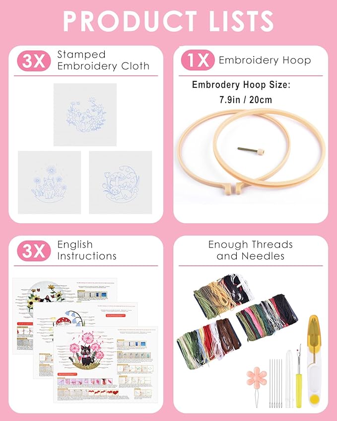 TINDTOP Embroidery Kit for Adults, Cat Embroidery Practice Kit for Beginners Include Embroidery Cloth Hoops Threads for Craft Lover Hand Stitch with Embroidery Skill Techniques