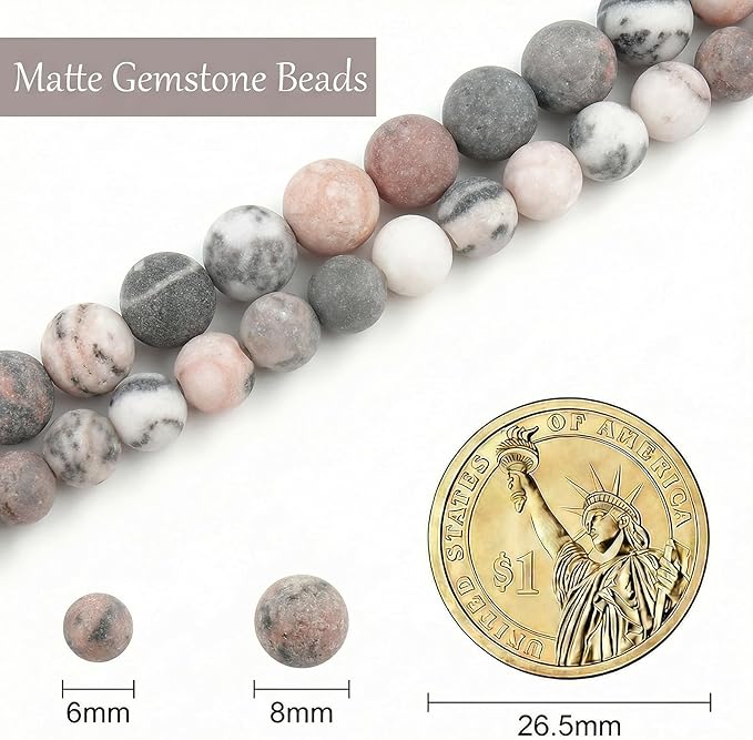 Stone Beads, 60pcs Matte Pink Zebra Jasper, 6mm Round Loose Beads for Jewelry Making, Bracelets, with Bag, String & Card