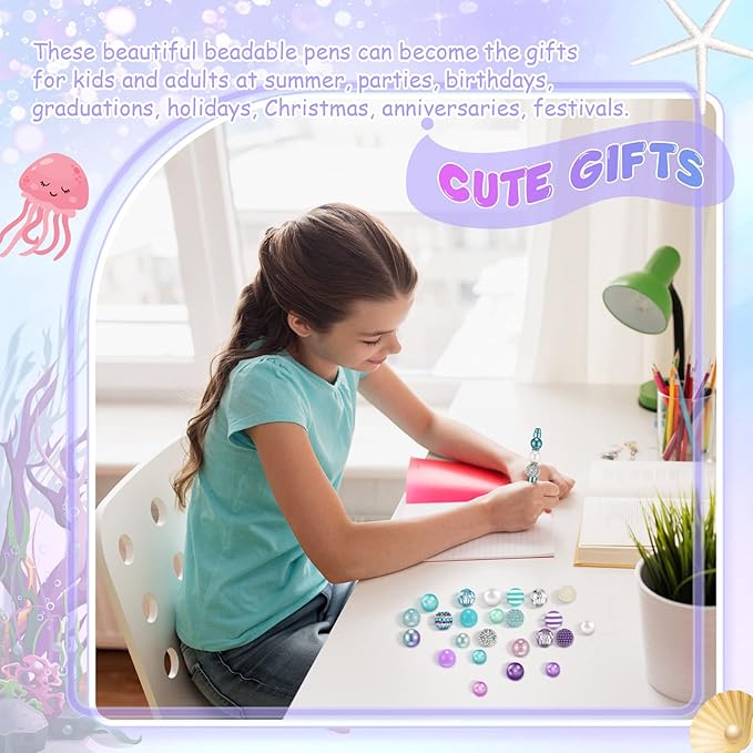 Geyee 15 Pcs Plastic Beadable Pens Assorted Bead Pens Multicolor Bubblegum Crystal Spacer Beads, Black Ink Ballpoint DIY Set, Back to School Gift for Student Summer Ocean Party Gifts(Ocean Color)
