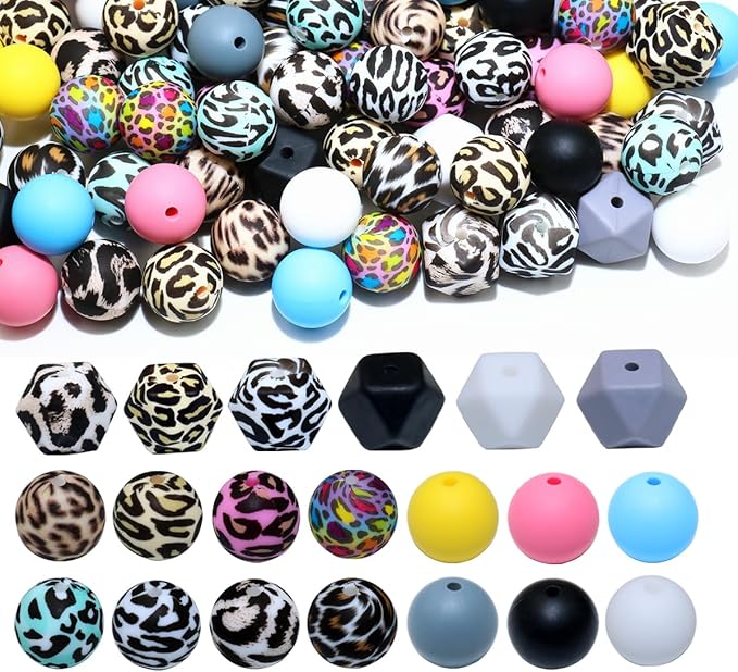 96Pcs 15mm Silicone Beads Bulk Leopard Focal Silicone Beads for Keychain Making Necklace Jewelry DIY Bracelet Making Supplies Kit (Leopard)