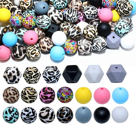 96Pcs 15mm Silicone Beads Bulk Leopard Focal Silicone Beads for Keychain Making Necklace Jewelry DIY Bracelet Making Supplies Kit (Leopard)
