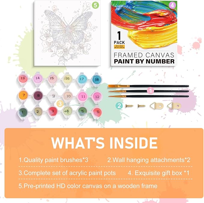 Framed Paint by Numbers Kit for Adults Beginners & Kids Ages 8-12, Butterfly Flowers Acrylic Easy Paint by Number with Frame, Number Painting Kits on Canvas Framed (12 * 12 Inch, without Easel)