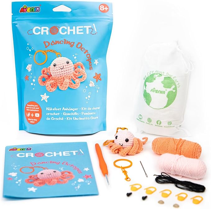 Avenir Beginner Crochet Kit for Adults & Teens - Small Portable Animals Kit with Keychain, Complete Supplies & Video Tutorials, Perfect Arts & Crafts Gift for Women & Girls (Dancing Octopus)