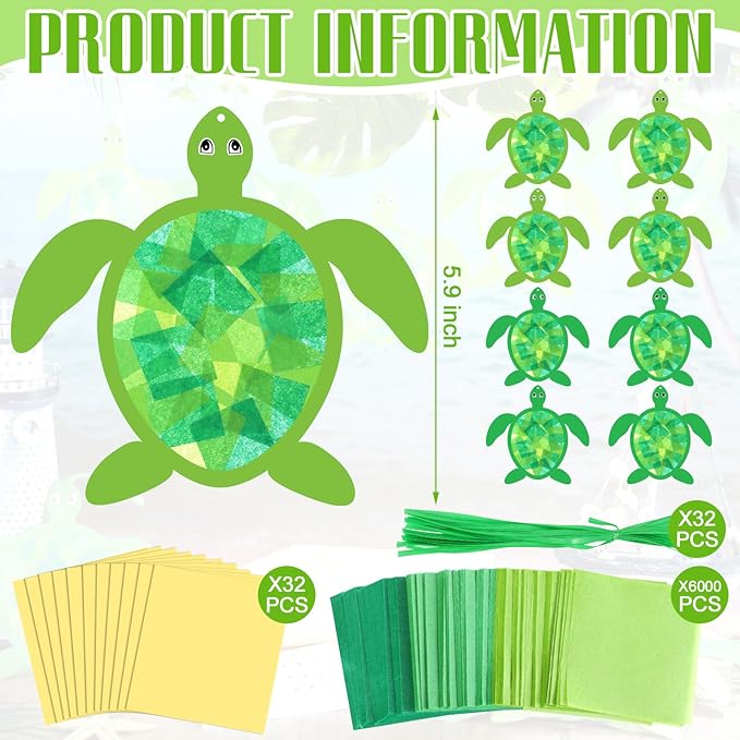 30 Pcs Sea Turtle Suncatchers Paper Craft Set Ocean Tortoise DIY Stained Glass Effect Tissue Paper Kits Gift Bulk for Summer Activities Art Party Decor