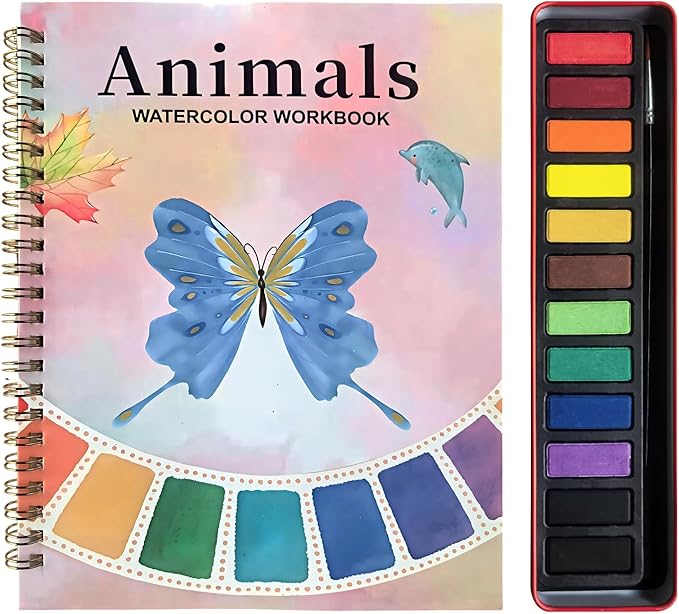Watercolor Workbook, Water Coloring Book, Beginner-Friendly Watercolor Workbooks with 12 Colors Paint Set with Paint Brush, Suitable for Adult