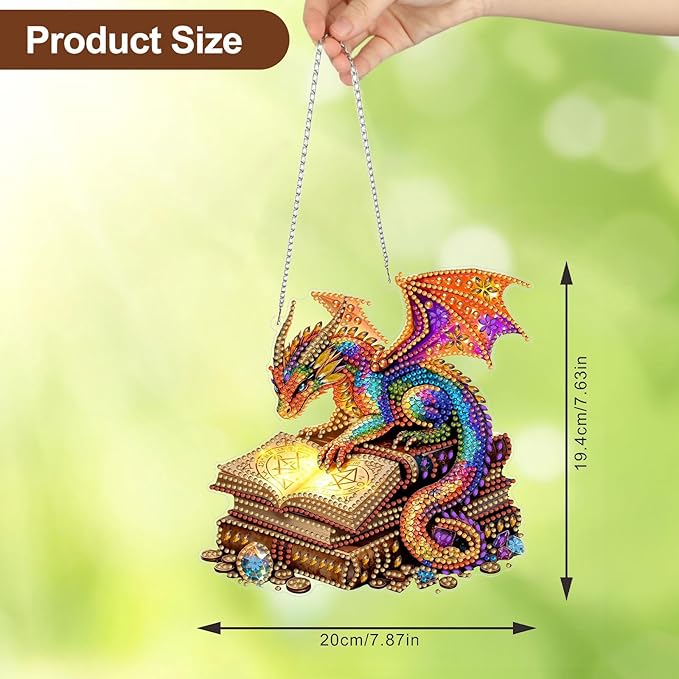 CEOVR Dragon Hanging Diamond Art for Adults, Dragon Book Diamond Painting Pendant DIY Gem Art Wall Hanging Ornament, Acrylic Home Garden Decor with Chain, Box Kit 7.87×7.63inch
