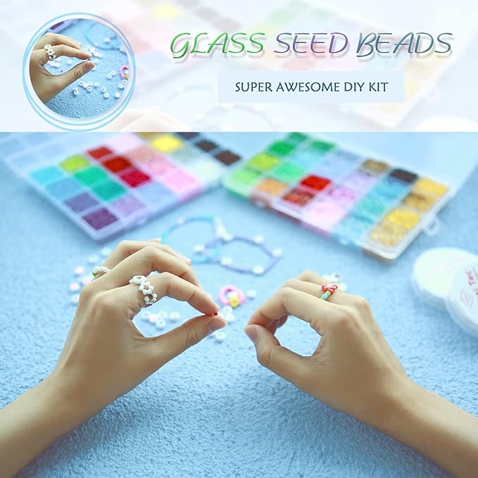 greentime 3mm bracelet beads kit for bracelets making, 35000pcs seed beads small glass beads 8/0 rainbow beads set with letter beads elastic string charms for crafts (48 colors)