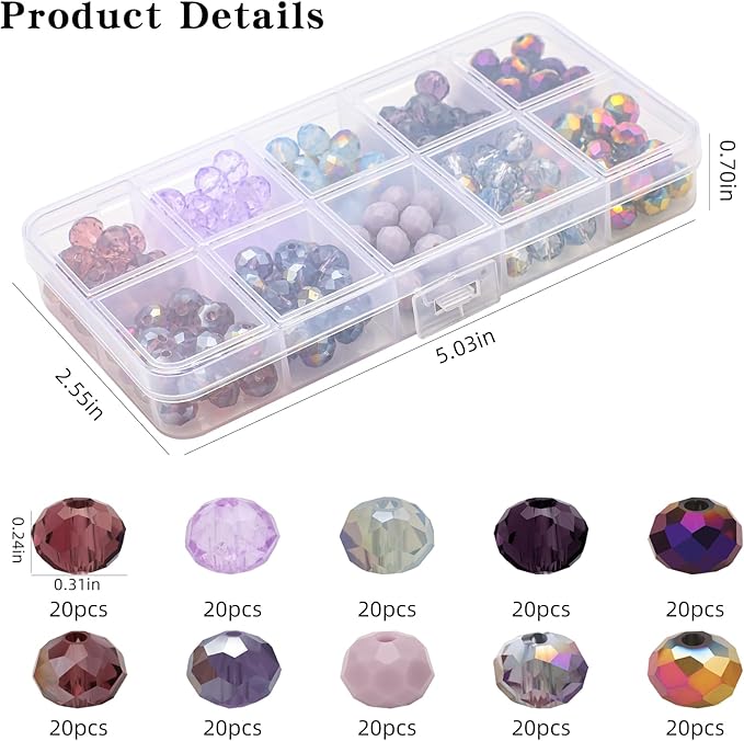 200pcs 8MM Faceted Rondelle Glass Beads for Jewelry Making, Briolette Crystal Glass Beads Plated Round Loose Spacer Beads for DIY Supplies Bracelets Necklaces Earrings (Purple)