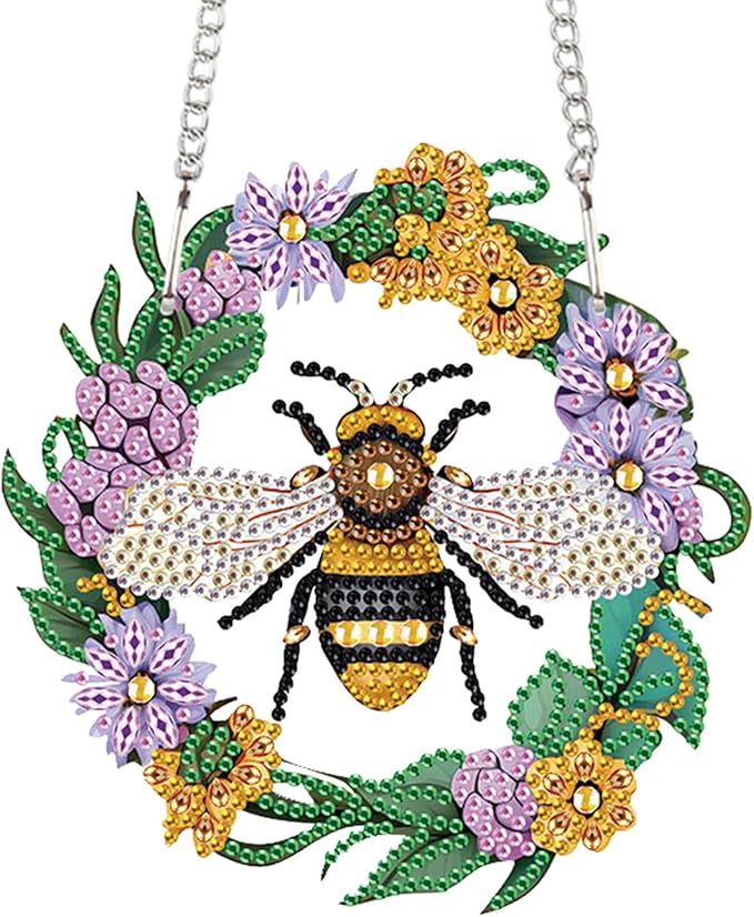 AiYuanzsh Honeybee DIY Acrylic Diamond Art Painting Pendant Kits Bee Special Shaped Rhinestone Round Diamond Art Window Pendants Home Garden Wall Door Birthday Xmas Festival Gifts
