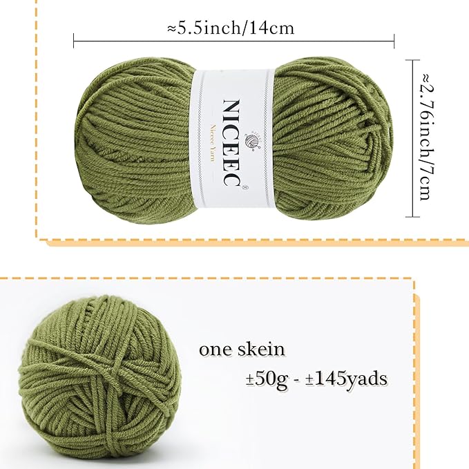 NICEEC 300g Soft Assorted Colors Yarn - Sport Weight,100% Acrylic, 4 Ply, Bonbons Yarn for Crochet & Knit, DIY Project Starter Kit for Kids or Adults(Total 870yds) - Warm Green