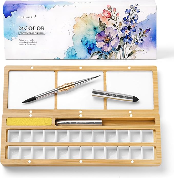 Fuumuui Watercolor Palette Box, Burlywood Palette Kit with Cover, 24 Empty Removable Half-pan Grids, Dual Tip Travel Brushes, for Watercolor Gouache Color Mixing, Pure White Palette for Painting