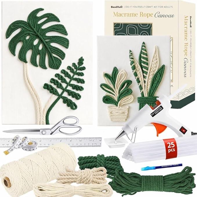 DIY Rope Canvas Kit for Beginners - Complete Macrame Ropes Supplies & Tools | DIY Macrame Art Wall Hanging Decor Starter Set, Craft Kits for Adults, Boho Wall Art Aesthetic Home Decoration (Green)