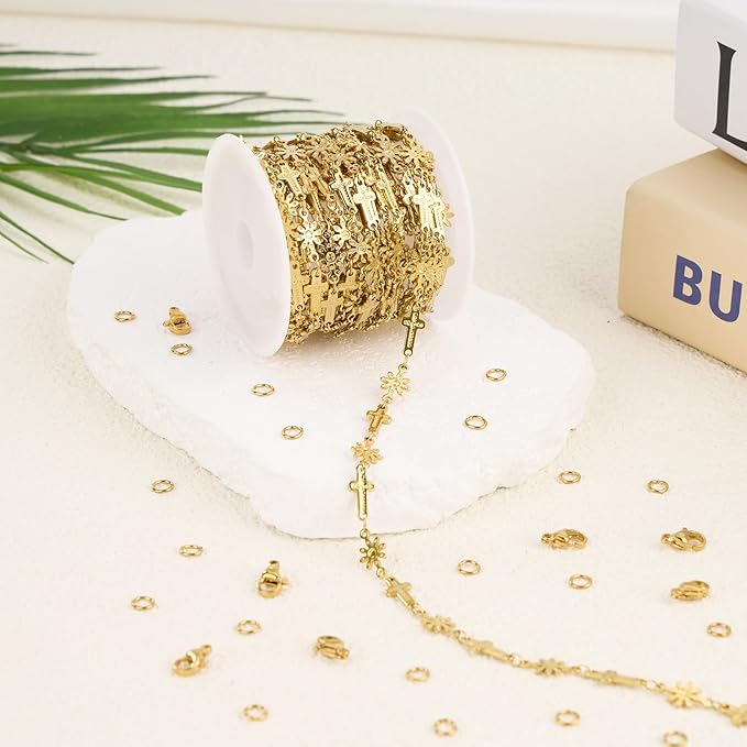 GTVOODX 18k Gold PVD Bulk Chains for Jewelry Making 13 Feet Stainless Steel Cross Flower Link Chain Waterproof Hypoallergenic DIY Permanent Jewelry Making Supplies