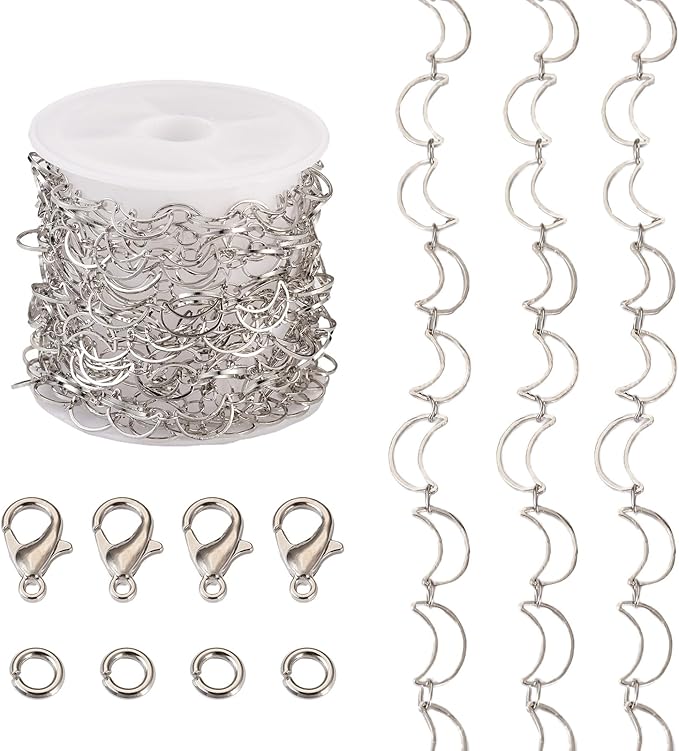 Sparkeads 9.84 Feet(3m) Silver Chain for Jewelry Making,Brass Hollow Moon Link Chains,Silver Link Necklaces for Women, Cable Chain for Bracelet DIY Earring Craft Supplies Jewelry Making Kits,10x6x1mm