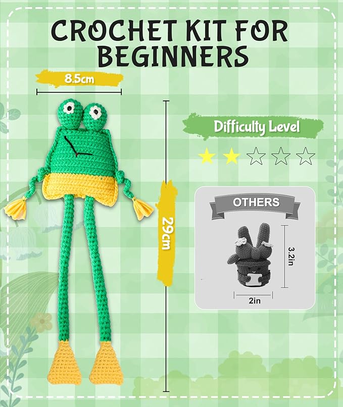 Totiro Crochet Kit for Beginners, Long-Legged Frog Amigurumi Starter Kit, Easy DIY Craft Set with Step-by-Step Video Tutorials, Animal Crochet Pattern Learning Kit for Teens Adults Birthday Gift