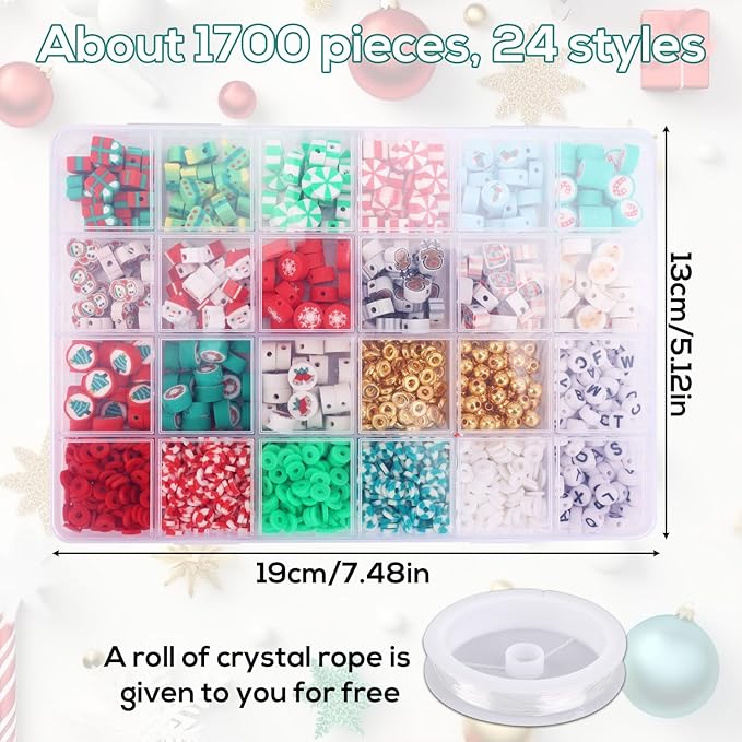Gosknor 1700pcs Christmas Bracelet Making Kit, 24 Styles Christmas Clay Bead Bracelet Making Kit Jewelry Making Kits DIY Crafts Charms Perfect Birthday Friendship Gift for Family and Friends