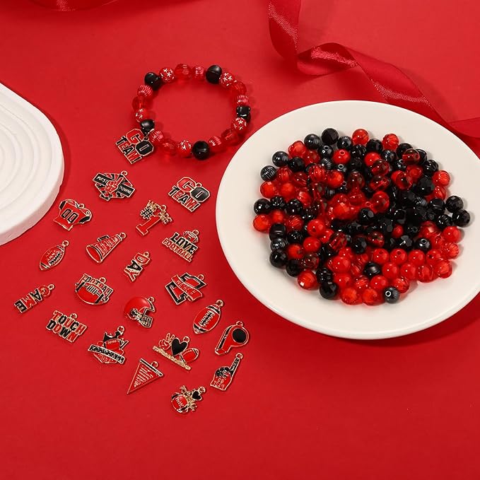3000PCS+ Game Day Beads for Bracelets Making Red Black Clay Heishi Beads Pearl Acrylic Letter Bead Enamel Football Charms for Bracelet Earrings Necklace Making DIY Game Day Accessories (Red Black)
