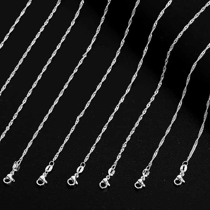 Whaline 24 Pack Silver Plated Chain Necklace 925 Water Ripple Plated Necklace for Jewelry Making Craft, Womens and Girls