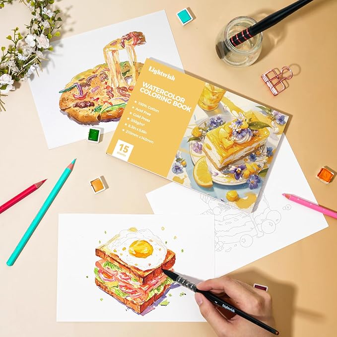 Lightwish Watercolor Coloring Book for Adults & Beginners,100% Cotton 300gsm/140lb Acid-Free Cold Press Paper, 8.3 x 5.6 Inches,15 Sheets,Food-Themed