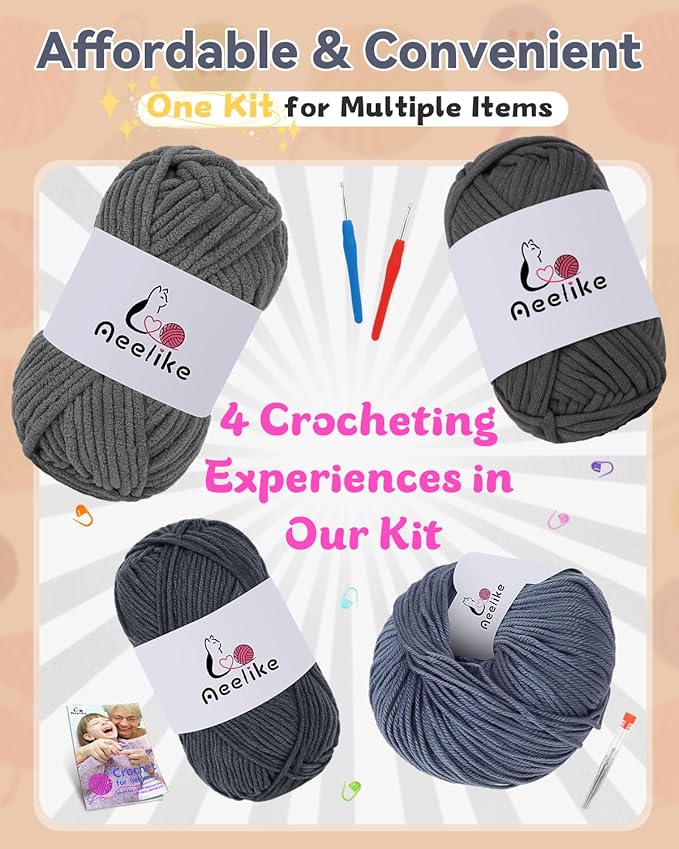 Aeelike Beginner Crochet Yarn Kit w 4 Different Materials Grey Yarns (Polyester, Cotton, Acrylic, Milk Cotton,) & 2 Ergonomic Hooks (G&7), Ideal Starter Crochet Set for Beginners
