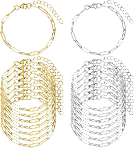 16 Pack Charm Bracelet Chain Bulk Gold Plated Stainless Steel Paperclip Chains Bracelets for DIY Jewelry Making