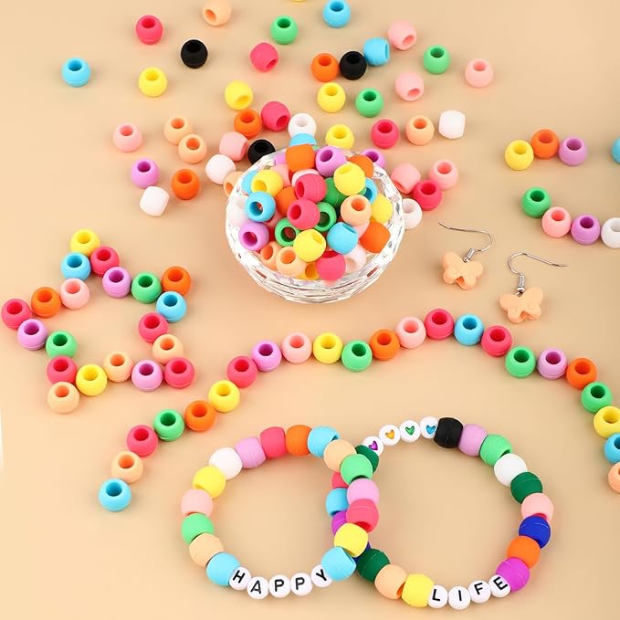 AD Beads 216PCS 6x9mm DIY Soft Pony Silicone Beads for Hair, Black + White Series with 80 Elastic Bands, Tool and Storage Box Kit for Braids, Bracelet, Crafts.