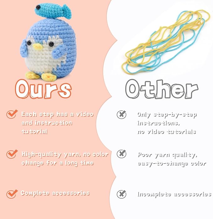 IMZAY Crochet Kit for Beginners, Beginner Animal Crochet Kit, Cute Crochet Starter Kit with Video Tutorial, Crochet Hooks, Colored Yarns, Stitch Marker Complete Crochet Set to Make Blue Penguin