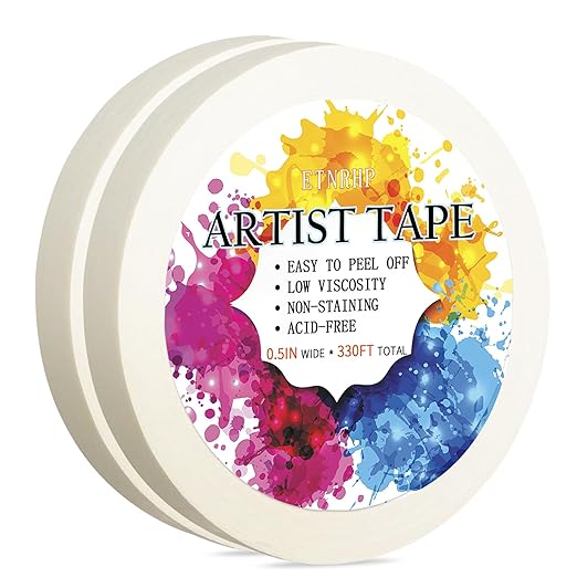 2 Packs White Artist Tape for Watercolor Paper Drafting Art Low Tack Masking Tape Acid Free Painter Watercolor Tape for Painting Canvas Framing, 0.5 inch Wide 330FT Long Total