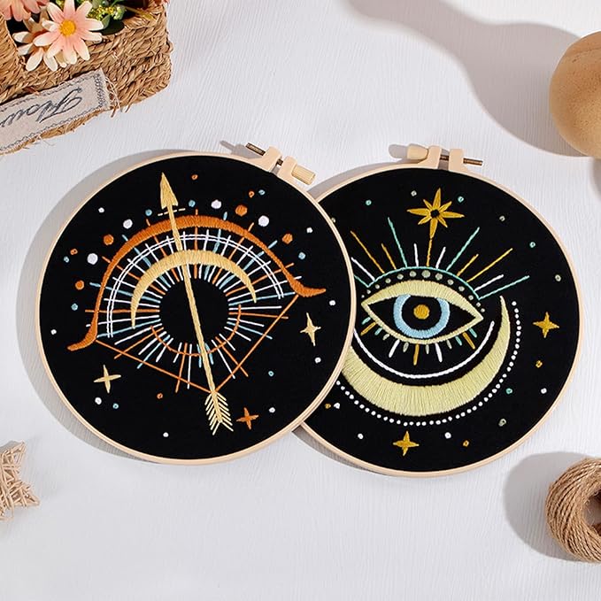 Louise Maelys 3 Set Tarot Moon Embroidery Kits for Beginners with Evil Eye Pattern,Adults Starter Cross Stitch Kit DIY Needlepoint