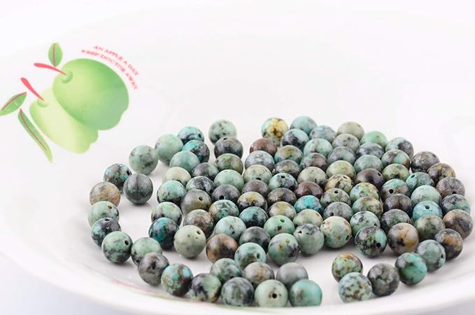 Natural Stone Beads 100pcs Round Genuine Real Stone Beading Loose Gemstones Hole Size 1mm DIY Smooth Bead for Bracelet Necklace Earrings Jewelry Making (African Turquoise Green, 10mm)