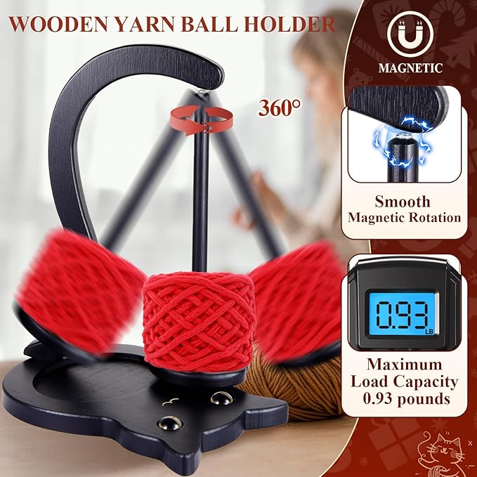 Black Cat Yarn Holder for Crocheting, Wooden Crochet Yarn Holder Magnetic Yarn Spinner with Accessories Storage Anti-Slip Pads,Yarn Ball Holder Crochet Gift for Knitting Lovers with Gift Box Packaging