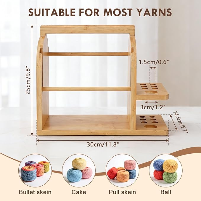 Durable Wooden Yarn Holder for Crocheting and Knitting with Built-in Phone Stand Crochet Kits for Beginners Yarn Storage Accessories Organizer Gifts for Crocheters with Dual Rods and Tool Holder