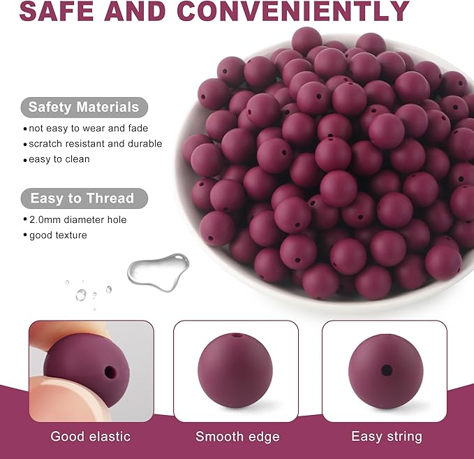 150Pcs 15mm Silicone Beads for Keychain Making Bracelet Necklace, Bulk Round Silicone Beads for Pens（Wine Red）