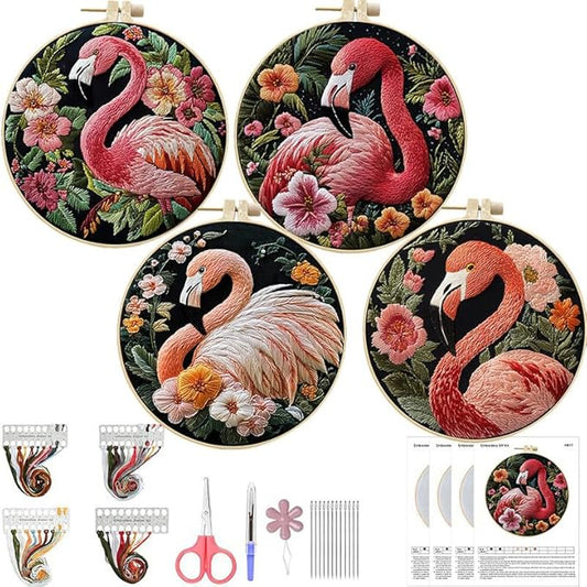 LB 4 Pack Pink Flamingo Embroidery Kit for Beginners Green Leaf Plant Beginner Embroidery Kit for Adults DIY Starter Kit with Embroidery Hoop Colorful Threads Tools Step by Step Instructions